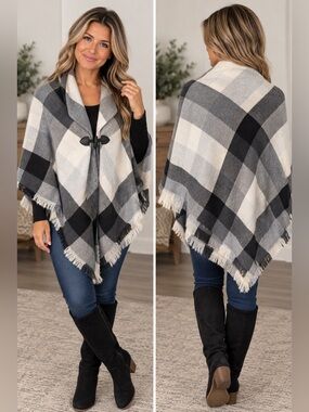 Black & Gray Plaid Shawl Poncho with Toggle Closure L/XL